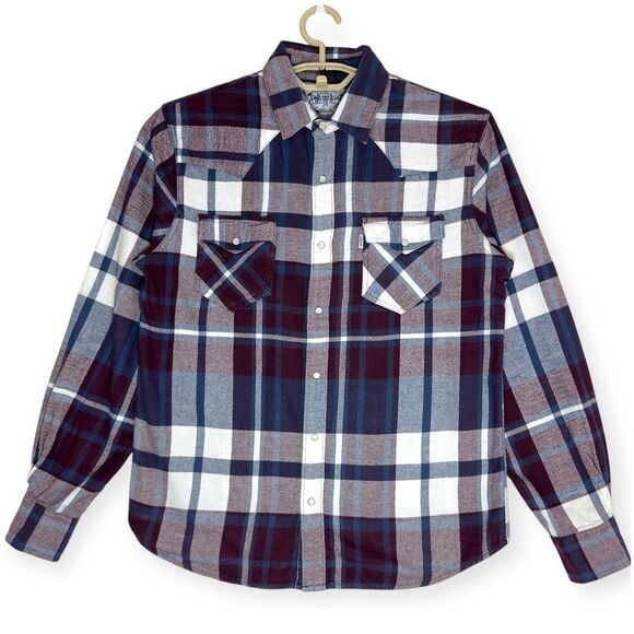 Levi's Men's Pearl Snap Plaid Flannel Button Down Shirt Navy Burgundy size Small - Picture 1 of 10